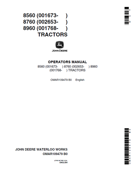 John Deere 8560, 8760, 8960 Tractors Operator Manual OMAR109479 PDF 