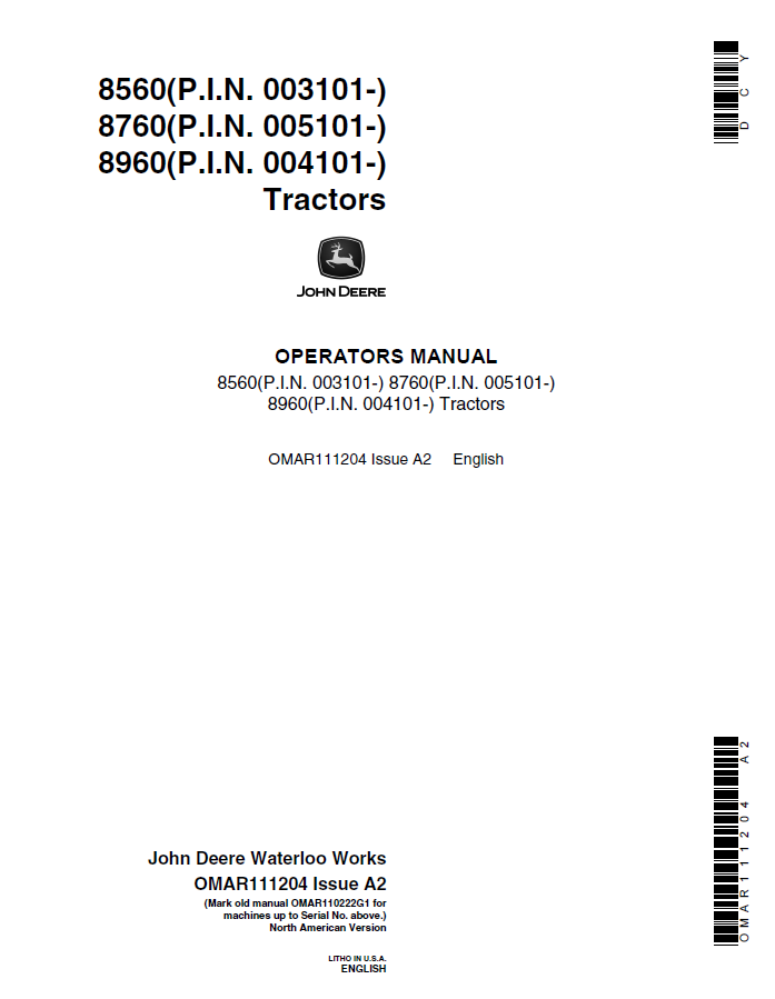 John Deere 8560, 8760, 8960 Tractors Operator Manual OMAR111204 PDF 
