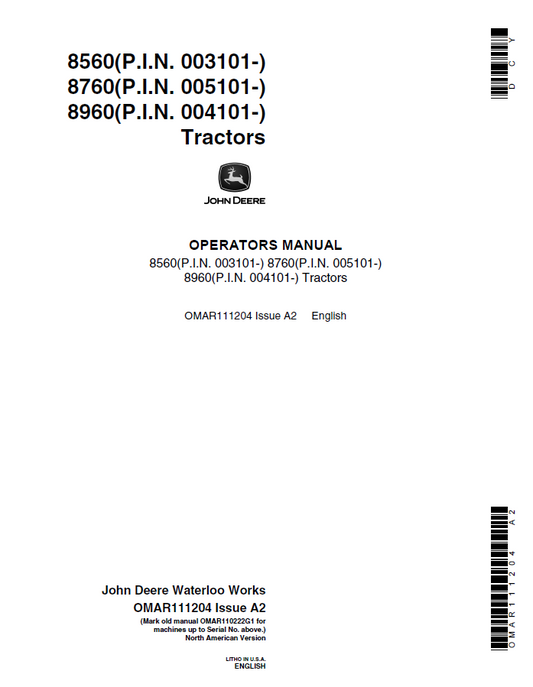 John Deere 8560, 8760, 8960 Tractors Operator Manual OMAR111204 PDF 