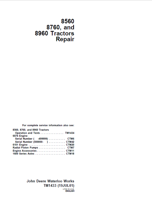 John Deere 8560, 8760, and 8960 Tractors Repair Manual TM1433 PDF