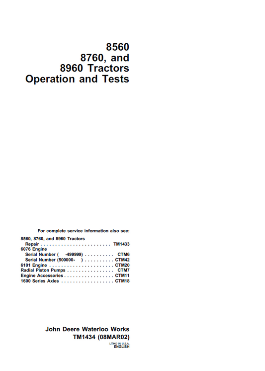 John Deere 8560, 8760 and 8960 Waterloo Works Tractors Operation and Test Manual TM1434 PDF