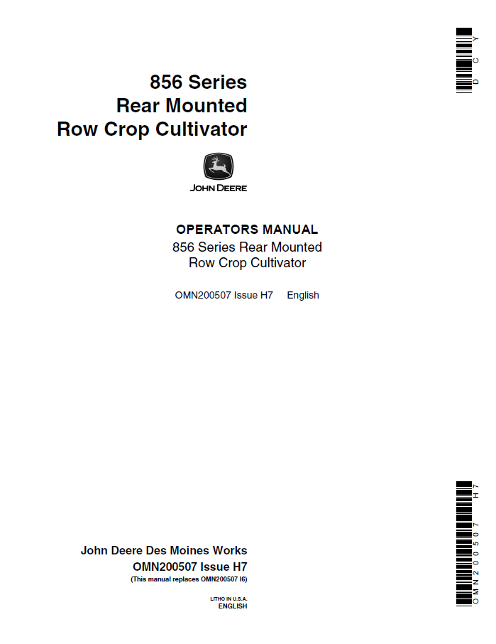 John Deere 856 Series Rear Mounted Row Crop Cultivator Operator Manual OMN200507 PDF