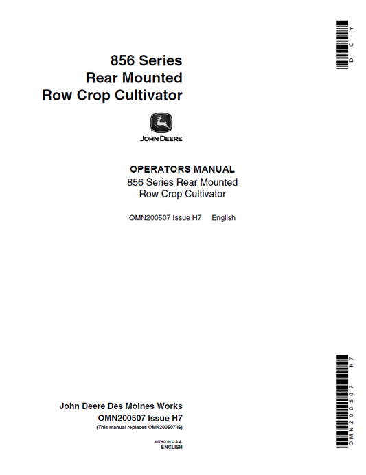 John Deere 856 Series Rear Mounted Row Crop Cultivator Operator Manual OMN200507 PDF
