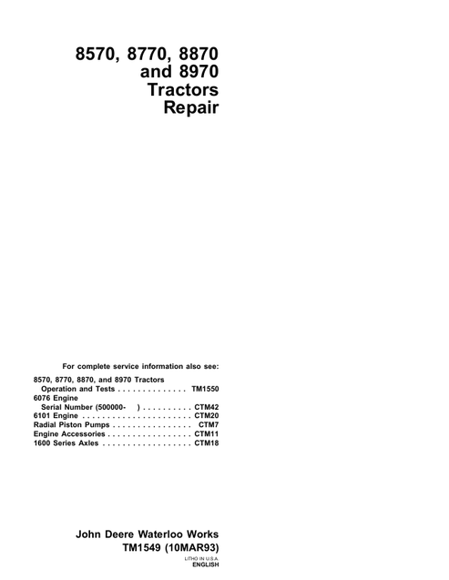 John Deere 8570 8770 8870 8970 Tractor Repair Manual TM1549