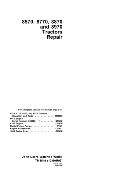 John Deere 8570 8770 8870 8970 Tractor Repair Manual TM1549