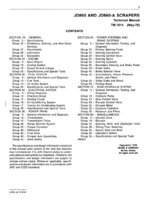 John Deere 860 860A Elevating Scraper Technical Repair Manual