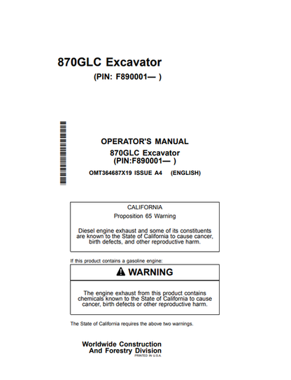 John Deere 870GLC Excavator Operator Manual OMT364687X19