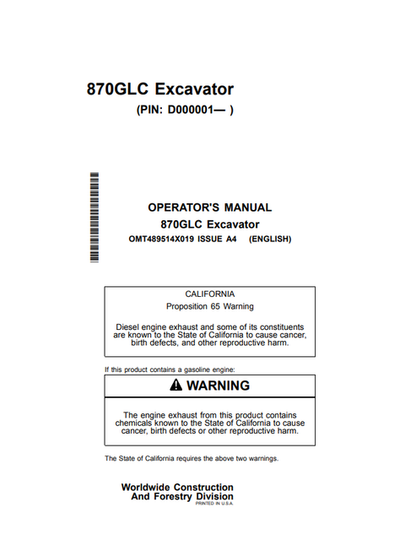 John Deere 870GLC Excavator Operator Manual OMT489514X019