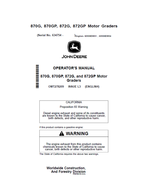 John Deere 870G 870GP 872G 872GP Motor Grader Manual OMT278209