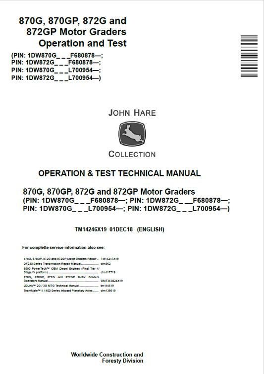 John Deere 870G, 870GP, 872G and 872GP Motor Graders Operation and Test Technical Manual TM14246X19 PDF 