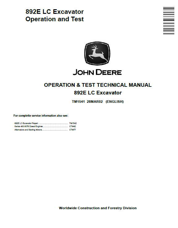 John Deere 892E LC Excavator Operation and Test Technical Manual TM1541 PDF