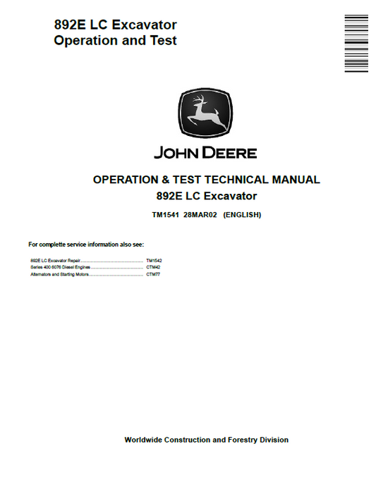 John Deere 892E LC Excavator Operation and Test Technical Manual TM1541 PDF