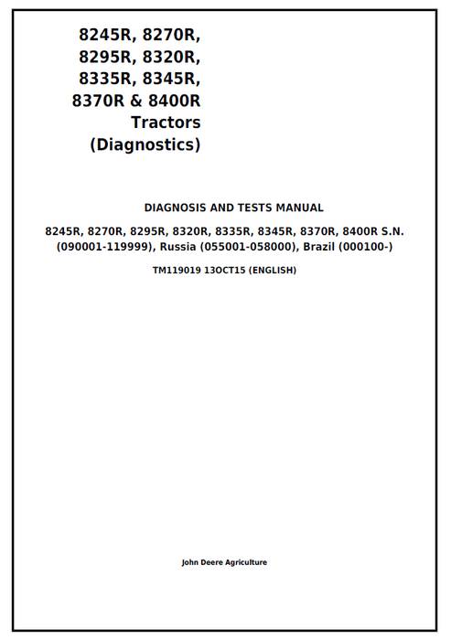 John Deere 8R Series Tractor Diagnosis & Tests Manual TM119019