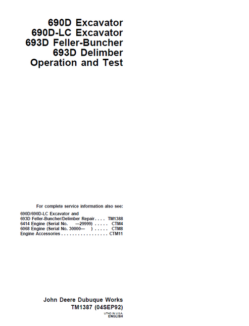 John Deere 90D 690D-LC & 693D Operation & Test Manual TM1387