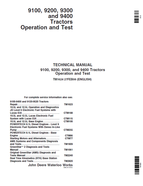 John Deere 9100, 9200, 9300 & 9400 Tractor Operation Test Manual