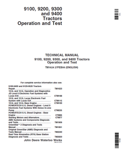 John Deere 9100, 9200, 9300 & 9400 Tractor Operation Test Manual