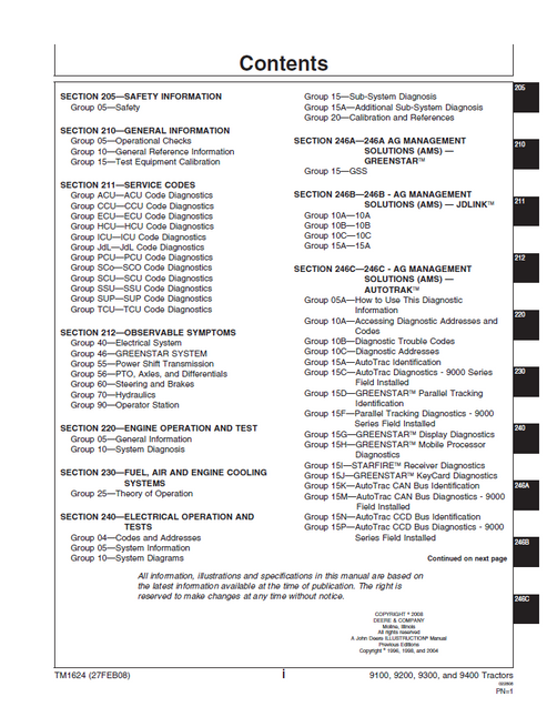 John Deere 9100, 9200, 9300 & 9400 Tractor Service Test Manual PDF
