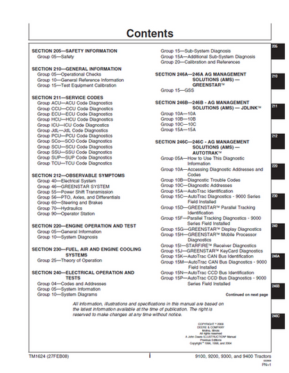 John Deere 9100, 9200, 9300 & 9400 Tractor Service Test Manual PDF