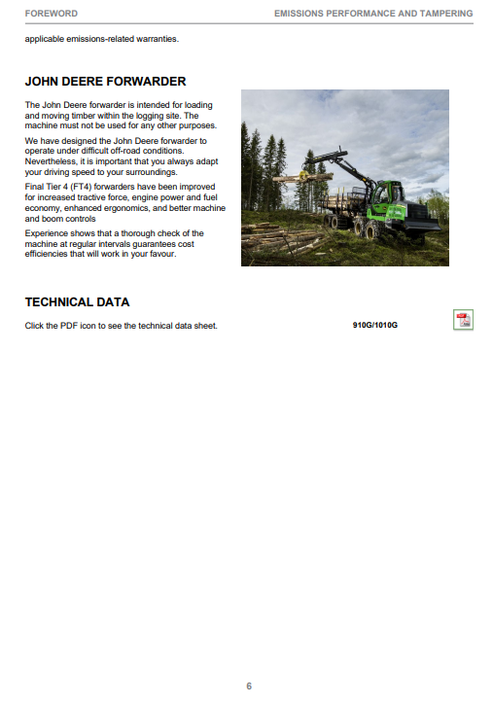 John Deere 910G 1010G CTL Forwarder Operator Manual F723138 PDF