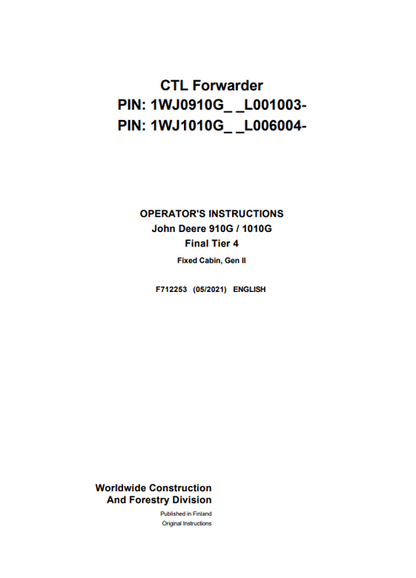 John Deere 910G 1010G Final Tier 4 Gen II Operator Manual F712253