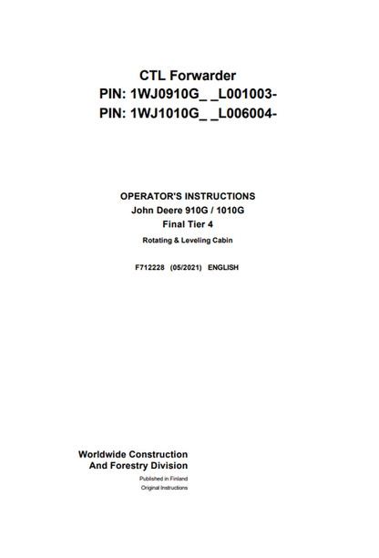 John Deere 910G / 1010G Final Tier 4 Operator Manual F712228