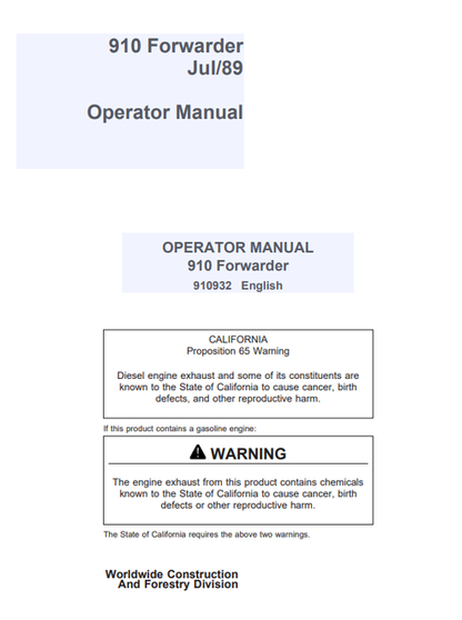 John Deere 910 Forwarder Operator Manual 910932