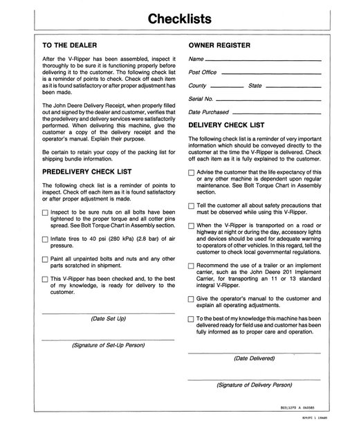John Deere 910 V-Ripper Agricultural Equipment Operator Manual