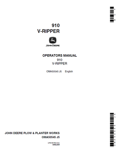 John Deere 910 V-Ripper Operator Manual OMA50545 PDF