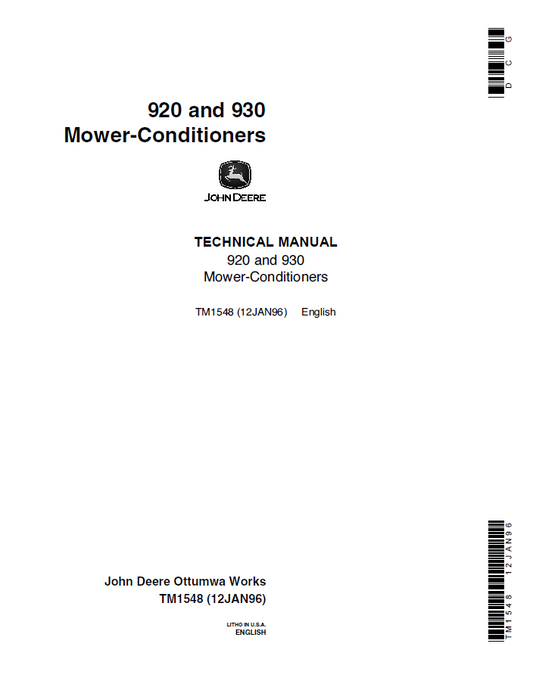 John Deere 920 and 930 Mower-Conditioners Technical Manual TM1548 PDF 
