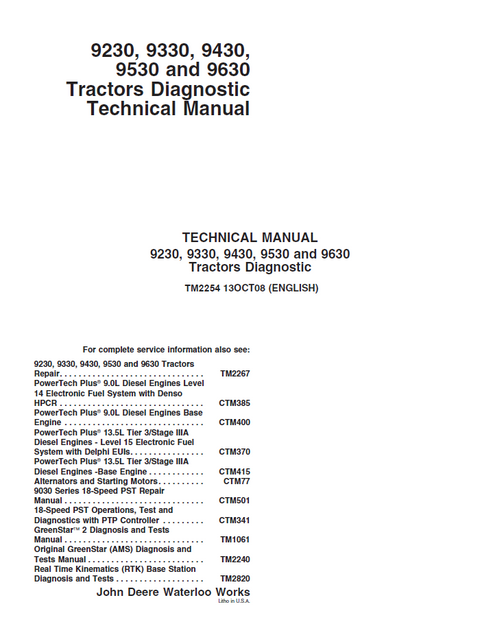 John Deere 9230, 9330, 9430, 9530 & 9630 Tractor Diagnostic Manual TM2254