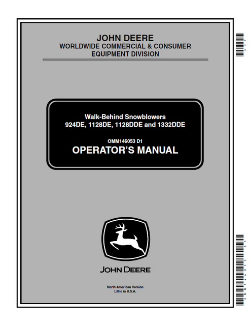 John Deere 924DE 1128DE 1128DDE 1332DDE Snowblower Manual