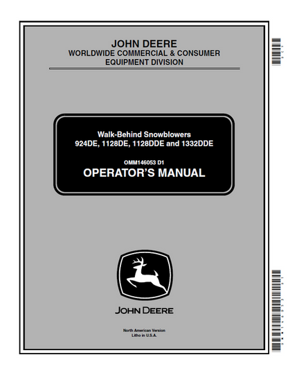 John Deere 924DE 1128DE 1128DDE 1332DDE Snowblower Manual