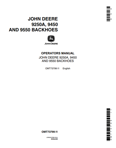 John Deere 9250A 9450 9550 Backhoe Operator Manual OMT73799