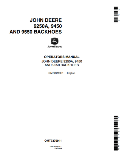 John Deere 9250A 9450 9550 Backhoe Operator Manual OMT73799