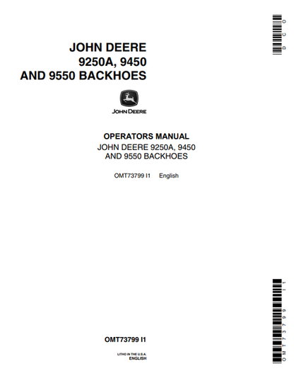 John Deere 9250A, 9450 And 9550 Backhoe Operator Manual OMT73799