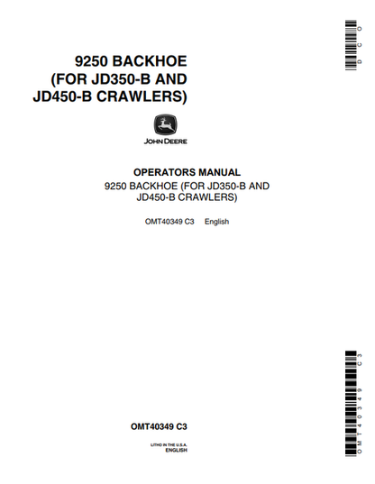 John Deere 9250 Backhoe JD350-B JD450-B Manual OMT40349
