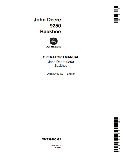John Deere 9250 Backhoe Operator Manual OMT39490 PDF