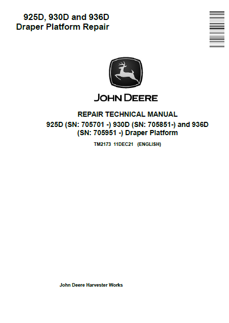 John Deere 925D, 930D and 936D Draper Platform Repair Technical Manual TM2173 PDF 