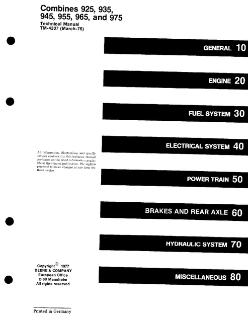 John Deere 925, 935, 945, 955, 965 & 975 Combine Service Manual