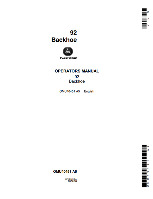 John Deere 92 Backhoe Operator Manual OMU40451