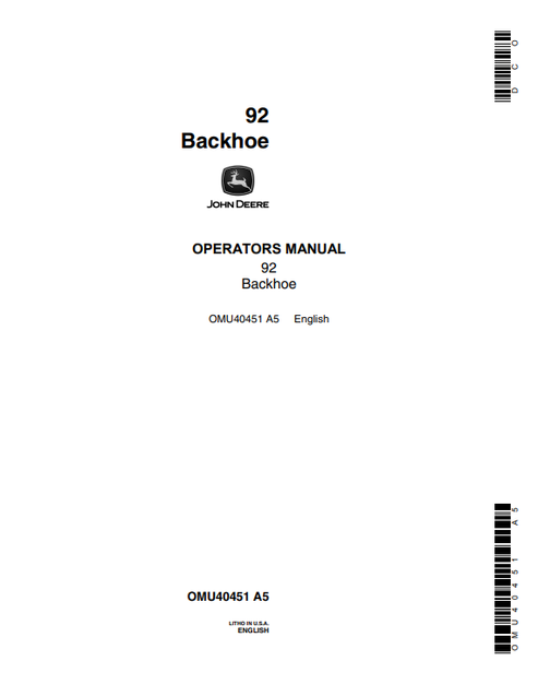 John Deere 92 Backhoe Operator Manual OMU40451 PDF