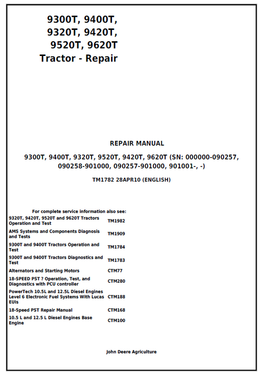 John Deere 9300T, 9400T, 9320T, 9520T, 9420T, 9620T Repair Manual TM1782 PDF