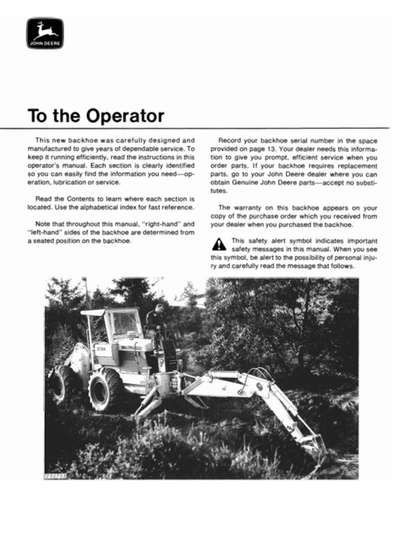 John Deere 9305 Backhoe Operating Manual OMT41107