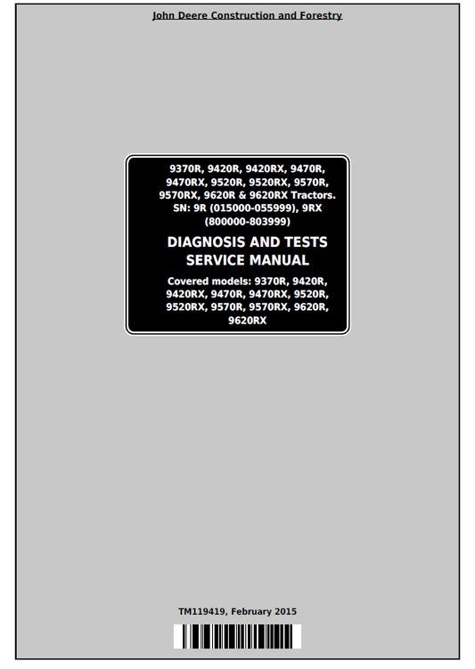 John Deere 9370R, 9420R, 9420RX, 9470R, 9470RX,9520R,9520RX, 9570R,9570RX, 9620R & 9620RX Constructions and Forestry Diagnostic AND Tests Service Manual TM119419 PDF