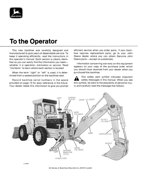 John Deere 93A Backhoe for JD544 & JD644 Loader Manual OMT33071