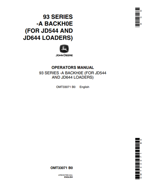 John Deere 93 Series-A Backhoe JD544 JD644 Operator Manual