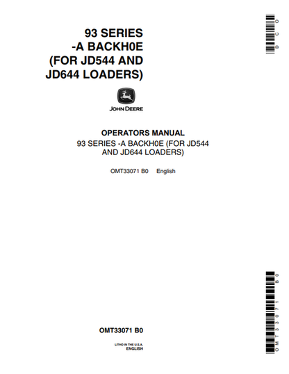 John Deere 93 Series-A Backhoe JD544 JD644 Operator Manual
