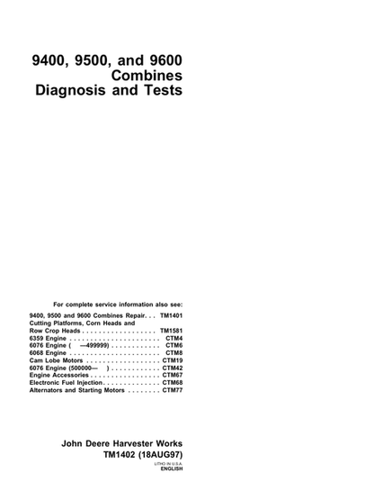 John Deere 9400 9500 9501 9600 Diagnostic Test Manual TM1402 PDF