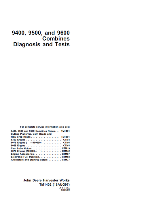 John Deere 9400, 9500 & 9600 Combine Diagnosis & Test Manual TM1402