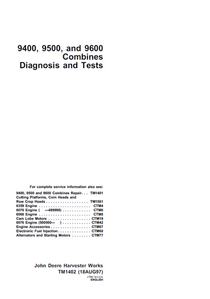 John Deere 9400, 9500 & 9600 Combine Diagnosis & Test Manual TM1402